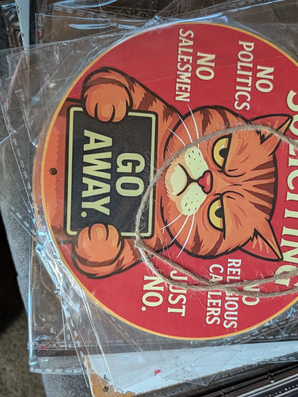No Soliciting Cat Door Sign - Red Go Away Wall Decor 6 Inches